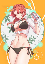Rule 34 | 1girl, beer can, bikini, black bikini, breasts, budweiser, can, choker, commentary request, cowboy shot, crop top, drink can, floral background, hand on own hip, highres, honkai (series), honkai impact 3rd, large breasts, liu lan, long hair, looking at viewer, multicolored background, murata himeko, navel, red hair, shirt, side-tie bikini bottom, smile, solo, swimsuit, tied shirt, white shirt, yellow background, yellow eyes