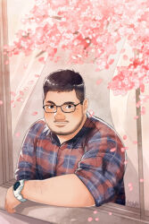 Rule 34 | 1boy, arm hair, back hair, bara, beard stubble, blush, cherry blossoms, daisukebear, facial hair, fat, fat man, glasses, highres, looking at viewer, male focus, mature male, multicolored shirt, mustache stubble, original, petals, realistic, short hair, sleeves rolled up, solo, stubble, undercut, upper body, watch, wristwatch
