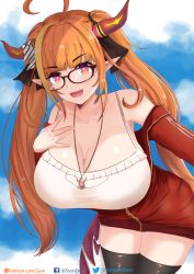 Rule 34 | 1girl, ahoge, artist name, blonde hair, blunt bangs, bow, breasts, dragon girl, dragon horns, dragon tail, glasses, hairband, highres, hololive, horn bow, horn ornament, horns, kiryu coco, kiryu coco (loungewear), large breasts, long hair, multicolored hair, orange hair, patreon username, pointy ears, red eyes, sky, smile, solo, streaked hair, syyn (syyndev), tail, virtual youtuber