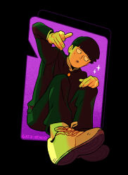 Rule 34 | 1boy, artist name, black hair, black jacket, black pants, bowl cut, commentary, english commentary, full body, gakuran, gatoiberico, highres, jacket, kageyama shigeo, long sleeves, looking down, male focus, mob psycho 100, open mouth, pants, school uniform, shoes, short hair, simple background, sitting, sneakers, solo