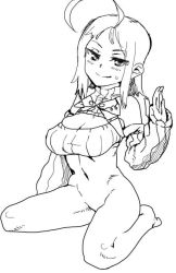 Rule 34 | 1girl, ahoge, blush, bottomless, breasts, cleavage, gen&#039;en (sioherashi), large breasts, looking at viewer, monochrome, sitting, smile, solo, tagme
