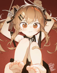 Rule 34 | 1girl, 2021, absurdres, aged down, bandaid, bandaid on leg, barefoot, blush, bound, bound wrists, brown eyes, brown hair, child, feet, girls&#039; frontline, grabbing, hair ornament, hair ribbon, hands on feet, happy new year, highres, holding another&#039;s foot, long hair, lying, nervous, new year, official alternate costume, on back, out of frame, ribbon, scar, scar across eye, scar on face, soles, solo focus, sweatdrop, tianliang duohe fangdongye, toenails, toes, twintails, ump9 (girls&#039; frontline), ump9 (shiba investigator) (girls&#039; frontline), wavy mouth