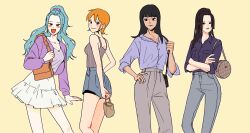 Rule 34 | 4girls, bad id, bad twitter id, black hair, blue hair, blue shirt, blunt bangs, boa hancock, cardigan, chacha (op chacha ), cowboy shot, cream background, cropped cardigan, crossed arms, denim, earrings, hand on own hip, high ponytail, highres, hime cut, inactive account, jeans, jewelry, looking at viewer, looking to the side, medium hair, miniskirt, multiple girls, nami (one piece), nefertari vivi, nico robin, one piece, orange hair, pants, ponytail, purple cardigan, purple shirt, shirt, short hair, short shorts, shorts, sidelocks, skirt, smile, striped clothes, striped shirt, vertical-striped clothes, vertical-striped shirt, white skirt