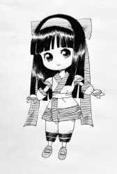 Rule 34 | 1girl, ainu clothes, chibi, fingerless gloves, gloves, hair ribbon, highres, legs, long hair, looking at viewer, monochrome, nakoruru, pants, ribbon, samurai spirits, smile, snk, solo, the king of fighters, thighs, traditional media
