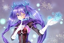 Rule 34 | 1girl, ahoge, blue eyes, blue hair, blush, breasts, dance princess of the ice barrier, duel monster, finger to mouth, gloves, hair ornament, looking at viewer, matching hair/eyes, one eye closed, purple scarf, ryuu (blackdeeno), scarf, short twintails, smile, snow, solo, twintails, white gloves, yu-gi-oh!