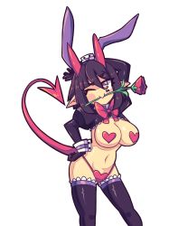 Rule 34 | 1girl, animal ears, black thighhighs, breasts, daigada, demon tail, fake animal ears, flower, formal, heart, heart-shaped pupils, highres, leotard, original, playboy bunny, pointy ears, rabbit, rabbit ears, rose, selene (daigada), short hair, smile, solo, suit, symbol-shaped pupils, tail, thighhighs