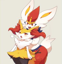Rule 34 | 2girls, :3, puff of air, absurdres, animal ear fluff, animal nose, annoyed, arms at sides, black fur, blue fur, blush, body fur, braixen, bright pupils, buck teeth, chromatic aberration, cinderace, clenched hand, cowboy shot, creatures (company), eye contact, fang, female focus, flat chest, furry, furry female, game freak, gen 6 pokemon, gen 8 pokemon, half-closed eyes, hands on another&#039;s shoulders, happy, height conscious, height difference, highres, looking at another, looking back, looking up, multicolored fur, multiple girls, neck fur, nintendo, open mouth, pokemon, pokemon (creature), rabbit ears, rabbit girl, rabbit tail, red fur, red hair, short hair, skin fang, smile, standing, stick, subaru331, sweat, teeth, white fur, white pupils, yellow fur