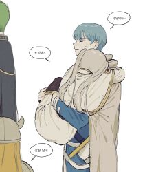 Rule 34 | 1girl, 3boys, blue hair, capelet, carrying, carrying person, closed eyes, commentary request, cowboy shot, dabln hl, eisen (sousou no frieren), elf, frieren, grey cloak, grey hair, heiter, highres, himmel (sousou no frieren), korean text, long hair, mole, mole under eye, multiple boys, pointy ears, princess carry, profile, short hair, simple background, skirt, skirt set, small sweatdrop, sousou no frieren, speech bubble, standing, translation request, twintails, white background, white capelet, white skirt