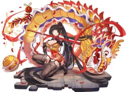 Rule 34 | 1girl, absurdly long hair, ark order, artist request, black footwear, black hair, black thighhighs, chest tattoo, china dress, chinese clothes, chinese new year, confetti, detached sleeves, dragon, dragon dance, dress, firecrackers, hand up, high heels, high ponytail, holding, holding staff, izanagi no mikoto (ark order), long hair, looking at viewer, neck ribbon, non-web source, on one knee, parted lips, puffy short sleeves, puffy sleeves, red ribbon, ribbon, shoes, short sleeves, sidelocks, solo, staff, stone floor, tattoo, thighhighs, very long hair, yellow dress, yellow eyes