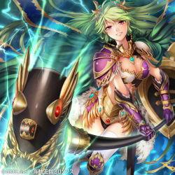 Rule 34 | 1girl, armor, bad id, bad pixiv id, black panties, breasts, cape, cleavage, company name, copyright name, electricity, eyebrows, gauntlets, green hair, grin, hair ornament, hammer, holding, holding weapon, kaizoku ookoku koronbusu, large breasts, long hair, looking at viewer, milcho, motion lines, official art, panties, pauldrons, pink eyes, shield, shoulder armor, smile, solo, thighhighs, underwear, weapon, white thighhighs