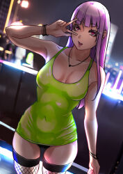 Rule 34 | 0odrosselo0, 1girl, bitchi-chan, black panties, bracelet, breasts, cityscape, cleavage, colored eyelashes, covered navel, cowboy shot, dress, fishnet thighhighs, fishnets, green dress, jewelry, long hair, looking at viewer, microdress, necklace, night, no bra, original, outdoors, panties, panty peek, pink eyes, purple hair, smile, solo, thighhighs, underwear, v over eye