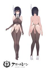 Rule 34 | 1girl, absurdres, ass, azur lane, bare arms, bare back, bare shoulders, black hair, blush, breasts, chen hai (azur lane), chen hai (retrofit) (azur lane), commentary request, concept art, copyright name, crotch plate, elbow gloves, full body, gloves, gujianshaonu, hair ornament, halterneck, high heels, highres, large breasts, logo, long hair, looking at viewer, multiple views, navel, no panties, official art, parted lips, red eyes, revealing clothes, stomach, thighhighs, thighs, turnaround, white background, white footwear