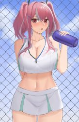 Rule 34 | 1girl, :o, arm behind back, azur lane, bad id, bad pixiv id, bare arms, bare shoulders, blue sky, blush, bottle, breasts, bremerton (azur lane), bremerton (scorching-hot training) (azur lane), chain-link fence, cleavage, collarbone, cowboy shot, crop top, day, fence, grey hair, hair ornament, hairclip, highres, holding, holding bottle, large breasts, long hair, looking at viewer, miniskirt, mole, mole under eye, multicolored hair, navel, official alternate costume, open mouth, outdoors, red eyes, rk (cc15915r), sidelocks, skirt, sky, sleeveless, solo, stomach, streaked hair, twintails, two-tone hair, white skirt, x hair ornament