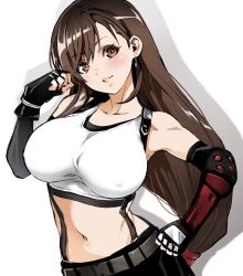 Rule 34 | 1girl, arm guards, bare shoulders, belt, black gloves, black skirt, black sports bra, breasts, brown eyes, brown hair, clenched hand, commentary request, crop top, earrings, eyelashes, final fantasy, final fantasy vii, final fantasy vii remake, fingerless gloves, gloves, hair behind ear, hand up, happy, highres, jewelry, large breasts, long hair, looking at viewer, low-tied long hair, midriff, navel, simple background, single earring, sketch, skirt, smile, solo, sports bra, square enix, standing, sukeno yoshiaki, suspender skirt, suspenders, swept bangs, tank top, tifa lockhart, undershirt, white background, white tank top
