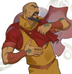 Rule 34 | 1boy, absurdres, arm tattoo, arm wrap, avatar legends, bald, beard, capelet, enri (ceinordraws), facial hair, full beard, head tattoo, highres, long beard, long earlobes, looking to the side, male focus, mature male, open mouth, red capelet, simple background, solo, tattoo, tenzin (legend of korra), the legend of korra, thick eyebrows, toned, toned male, upper body, white background