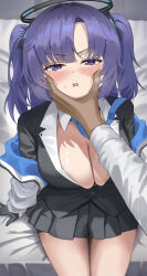 Rule 34 | 1boy, 1girl, absurdres, alternate breast size, black skirt, blue archive, blue necktie, blush, breasts, cleavage, collared shirt, dark-skinned male, dark skin, dubeaduver, halo, hand on another&#039;s chin, highres, jacket, large breasts, long sleeves, looking at viewer, necktie, off shoulder, open mouth, pleated skirt, purple eyes, purple hair, shirt, sitting, skirt, sweatdrop, thighs, yuuka (blue archive)
