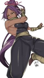 Rule 34 | 1girl, bare shoulders, bleach, breasts, covered navel, dark-skinned female, dark skin, dated, highres, kuma (jk0073), long hair, ponytail, purple hair, shihouin yoruichi, shiny skin, signature, simple background, solo, tight clothes, very long hair, white background, yellow eyes