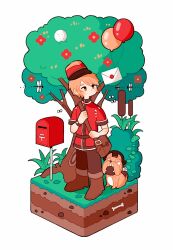 Rule 34 | 1boy, bag, balloon, baseball, belt, blonde hair, bone, boots, brown bag, brown footwear, brown pants, bug, bush, buttons, cattail, closed mouth, diorama, dirt, dog, dragonfly, envelope, expressionless, faux figurine, flower, full body, grass, hat, highres, identity v, insect, isometric, leaf, looking at object, looking up, male focus, orange eyes, pants, plant, postbox (outgoing mail), red flower, red hat, red shirt, satchel, shirt, short hair, short sleeves, simple background, solo, stitches, tree, victor grantz, watch, white background, whybe123, wick (identity v)