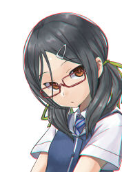 Rule 34 | 1girl, bespectacled, black hair, brown eyes, collared shirt, diagonal-striped clothes, diagonal-striped necktie, dress shirt, glasses, hair ornament, hair over shoulder, hairclip, inagi (kancolle), kantai collection, long hair, low twintails, necktie, red-framed eyewear, shirt, simple background, solo, striped clothes, twintails, white background, white shirt, yoohei (pizzadev)