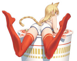 Rule 34 | 1girl, animal ear fluff, animal ears, ass, bare arms, bare shoulders, bikini, blonde hair, blue eyes, blush, breasts, cat ears, cat girl, cat tail, clothing cutout, commentary request, extra ears, feet up, from behind, full body, long hair, looking at viewer, looking back, lying, medium breasts, mini person, minigirl, nissin cup noodle, no shoes, on stomach, original, pinakes, red thighhighs, sidelocks, simple background, solo, swimsuit, tail, tail through clothes, thighhighs, trefoil, underboob, white background, white bikini
