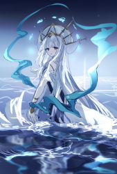 Rule 34 | 1girl, :o, absurdres, arknights, backlighting, bare shoulders, blue sky, chinese commentary, commentary request, dress, from behind, front ponytail, grey headwear, highres, horizon, long hair, looking at viewer, looking back, official alternate costume, open mouth, outdoors, red eyes, silver hair, skadi (arknights), skadi the corrupting heart (arknights), skadi the corrupting heart (sublimation) (arknights), sky, solo, very long hair, wading, water, white dress, woodsbench