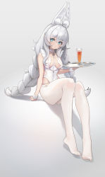 Rule 34 | 1girl, absurdres, animal ears, arm support, azur lane, blue eyes, braid, breasts, closed mouth, commentary request, full body, glass, gradient background, highres, holding, holding tray, komi (komiking), le malin (azur lane), le malin (listless lapin) (azur lane), leotard, long hair, looking at viewer, no shoes, official alternate costume, pantyhose, rabbit ears, small breasts, solo, symbol-shaped pupils, tray, twin braids, very long hair, white leotard, white pantyhose, wrist cuffs