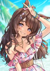 Rule 34 | 1girl, animal ears, arm up, armpit crease, bag, bare shoulders, blurry, blurry background, blush, breasts, brown hair, cleavage, cloud, collarbone, commentary request, corset, day, dress, floral print, frilled dress, frills, grin, head tilt, horse ears, iro 178, jewelry, long hair, looking at viewer, necklace, off-shoulder dress, off shoulder, outdoors, palm tree, pink dress, purple eyes, shoulder bag, small breasts, smile, solo, sunlight, tosen jordan (aurore vacances) (umamusume), tosen jordan (umamusume), tree, twitter username, umamusume, upper body, v, watermark, wet