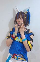 Rule 34 | 1girl, blue outfit, daitaku helios (umamusume), highres, multicolored hair, photo (medium), two-tone hair, umamusume, yamane aya