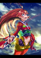 Rule 34 | 1girl, ahoge, blue sky, breasts, cloud, cloudy sky, doll joints, japanese clothes, joints, kimono, legs over head, letterboxed, long hair, long sleeves, looking up, lyrical denko, micha jawkan, navel, obi, open mouth, outdoors, rainbow, red hair, red kimono, sash, senki zesshou symphogear, sharp teeth, short kimono, sky, small breasts, solo, sunlight, teeth, very long hair, wide sleeves