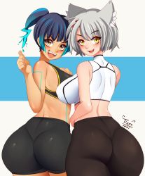 Rule 34 | 2girls, animal ears, aqua hair, ass, bare shoulders, bike shorts, blue hair, blush, breasts, cat ears, fangs, from behind, gradient hair, green eyes, highres, huge ass, large breasts, leggings, looking at viewer, looking back, mio (xenoblade), multicolored hair, multiple girls, open mouth, ponytail, sena (xenoblade), shiny clothes, shiny skin, short hair, short ponytail, sideboob, smile, sports bra, tiger1001, xenoblade chronicles (series), xenoblade chronicles 3, yellow eyes