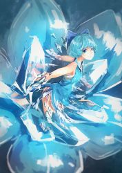 Rule 34 | 1girl, adapted costume, alternate costume, blue dress, blue eyes, blue hair, blurry, bow, cirno, commentary request, dress, fairy, flower, hair bow, hair ornament, highres, ice, ice wings, kaatoso, kneeling, looking at viewer, shirt, short hair, sleeveless, solo, touhou, vest, wings