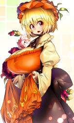 Rule 34 | 1girl, :o, absurdres, aki minoriko, apron, apron lift, black skirt, blonde hair, breasts, clothes lift, flower, food, food-themed hair ornament, frilled shirt collar, frills, fruit, grape hair ornament, grapes, hair ornament, hat, highres, holding, holding clothes, huge breasts, juliet sleeves, leaf hair ornament, long skirt, long sleeves, looking at viewer, medium hair, open mouth, orange apron, patterned background, plant, puffy sleeves, red eyes, red hat, shirt, short hair, simple background, skirt, solo, touhou, umigarasu (kitsune1963), yellow background, yellow shirt