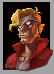 Rule 34 | 1boy, 2020, blonde hair, crop top, dated, frown, headband, highres, jacket, looking at viewer, male focus, marco rossi, metal slug, pectorals, red jacket, shirt, sideburns, signature, simple background, solo, upper body, white headband, white shirt, za1f0n