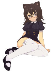 Rule 34 | 1girl, animal ears, black hair, blush, bow, breasts, brown hair, cat ears, cat girl, cover, cover page, dress, female focus, formal, frown, full body, glasses, highres, long hair, looking at viewer, maid, mary janes, medium breasts, necktie, original, oza watto, purple eyes, rimless eyewear, shoes, short hair, short necktie, simple background, sitting, solo, suit, sweat, sweatdrop, thighhighs, thighs, underbust, waitress, wavy hair, white background, white thighhighs, wide hips, yokozuwari