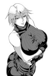 Rule 34 | 1girl, ass, bare shoulders, breast hold, breasts, christie (doa), dead or alive, dead or alive 6, covered erect nipples, huge breasts, looking at viewer, monochrome, short hair, smile, solo, white hair