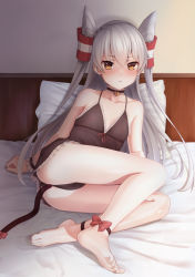 Rule 34 | 1girl, amatsukaze (kancolle), anal, anal object insertion, anal tail, ankle ribbon, babydoll, barefoot, bed, black panties, blush, butt plug, choker, fake tail, frilled choker, frills, hair tubes, highres, kantai collection, leg ribbon, lingerie, long hair, moose (moosemitchell2), object insertion, on bed, orange eyes, panties, pillow, ribbon, silver hair, sitting, solo, tail, two side up, underwear, wrist cuffs