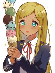 1girl aqua_eyes blonde_hair blue_jacket blush breasts dark-skinned_female dark_skin dot_nose food hands_up highres holding holding_food holding_ice_cream ice_cream ice_cream_cone idolmaster idolmaster_cinderella_girls idolmaster_cinderella_girls_starlight_stage jacket layla_(idolmaster) long_hair long_sleeves looking_at_another mmmakaron888 neck_ribbon open_clothes open_jacket open_mouth red_ribbon ribbon school_uniform shirt signature simple_background small_breasts smile solo sparkle upper_body white_background white_shirt