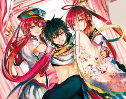 Rule 34 | 1girl, 2boys, bad id, bad pixiv id, black hair, braid, brother and sister, brown eyes, hair ornament, hat, jewelry, judal, lots of jewelry, magi the labyrinth of magic, maguchimo, multiple boys, navel, red eyes, red hair, ren kougyoku, ren kouha, sandwiched, siblings, topknot