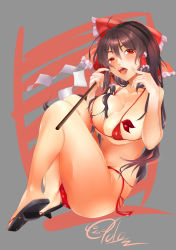 Rule 34 | 1girl, absurdres, alternate costume, bikini, black hair, blush, bow, breast press, breasts, brown hair, cekonikova, cleavage, collarbone, covered erect nipples, finger to mouth, fingernails, frills, full body, geta, gohei, grey background, hair between eyes, hair bow, hair tubes, hakurei reimu, head tilt, heart, highres, holding, large breasts, long fingernails, long hair, looking to the side, micro bikini, nail polish, o-ring, o-ring top, open mouth, red bikini, red bow, red eyes, shide, side-tie bikini bottom, signature, sitting, solo, strap gap, swimsuit, teeth, tengu-geta, tongue, tongue out, touhou, unaligned breasts, underboob, uneven eyes, white nails
