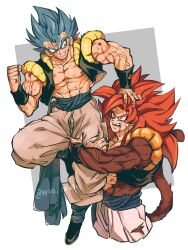 Rule 34 | absurdres, biceps, black wristband, bleeding, blood, blood from mouth, blood on face, blue eyes, blue sash, body fur, bruise, bruise on face, dirty, dirty clothes, dirty face, dragon ball, dragon ball gt, dragon ball super, dual persona, gogeta, highres, injury, male focus, metamoran vest, monkey boy, monkey tail, muscular, muscular male, no nipples, pants, pectorals, red hair, relio db318, sash, scratches, simple background, spiked hair, super saiyan, super saiyan 4, super saiyan blue, tail, torn, torn clothes, veins, veiny hands, white pants