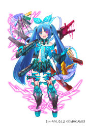 Rule 34 | 1girl, :d, blue bow, blue eyes, blue gloves, blue hair, boots, bow, breasts, dmm, drill bit, full body, gloves, hair bow, heterochromia, holding, holding weapon, long hair, mataichi mataro, official art, open mouth, oversized object, plier, small breasts, smile, solo, standing, twintails, weapon, white background, yuba no shirushi