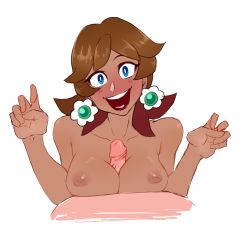 1boy 1girl between_breasts blue_eyes blush breasts brown_hair dark_skin earrings eyelashes flower_earrings grin hair_over_shoulder happy hetero highres interracial jewelry kinjero large_breasts large_penis looking_at_viewer mario_(series) md5_mismatch nintendo nipples open_mouth paizuri penis pov princess_daisy resolution_mismatch simple_background smile solo_focus source_smaller super_mario_bros._1 super_smash_bros. uncensored