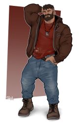 Rule 34 | 1boy, arm behind head, baggy pants, bara, bead necklace, beads, brown hair, brown jacket, contrapposto, denim, dog tags, full body, hand hair, hand in pocket, inset border, jacket, jeans, jewelry, male focus, mature male, milo (theborklords), muscular, muscular male, mustache, necklace, original, pants, pectorals, second-party source, short hair, solo, standing, thick mustache, tim (shockjaws), undercut, wavy hair