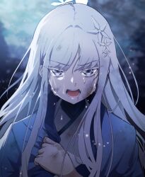 Rule 34 | 1girl, blue archive, crying, crying with eyes open, grey eyes, hair ornament, halo, haori, highres, japanese clothes, kirigakure (iroiro tsukauyo), long hair, looking at viewer, nagusa (blue archive), open mouth, portrait, solo, tears, white hair