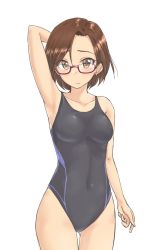 Rule 34 | 1girl, aikawa chinatsu, aimobake, arm behind head, armpits, breasts, closed mouth, commentary request, competition swimsuit, covered navel, cowboy shot, earrings, glasses, highleg, highleg swimsuit, idolmaster, idolmaster cinderella girls, jewelry, looking at viewer, looking over eyewear, medium breasts, one-piece swimsuit, purple-framed eyewear, semi-rimless eyewear, short hair, simple background, solo, standing, swimsuit, under-rim eyewear, white background