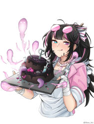 Rule 34 | 1girl, absurdres, apron, aqua eyes, artist name, bandaged arm, bandaged hand, bandages, birthday, black hair, blush, bow, cake, closed mouth, collarbone, commentary, cropped torso, dress, english commentary, eyewear on head, food, girls&#039; frontline, girls&#039; frontline neural cloud, hair bow, hair ornament, happy birthday, heterochromia, highres, holding, holding tray, jewelry, licking lips, long hair, looking at viewer, matsu arts, multicolored hair, necklace, official alternate costume, pink dress, pink eyes, short sleeves, smile, solo, streaked hair, sunglasses, sweatdrop, tongue, tongue out, tray, twitter username, upper body, vee (addictive affections) (neural cloud), vee (neural cloud), white apron, white background