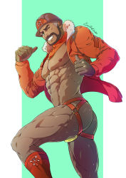 Rule 34 | 1boy, abs, ass, bandana, bara, bare pectorals, beard, brown hair, clenched teeth, creatures (company), dark-skinned male, dark skin, evinist, expedition uniform, facial hair, fur-trimmed jacket, fur trim, game freak, gloves, helmet, highres, jacket, jockstrap, large pectorals, leg up, looking at viewer, male focus, male underwear, muscular, nintendo, nipples, one eye closed, open clothes, open jacket, orange bandana, orange jacket, orange male underwear, orange neckwear, pectorals, peony (pokemon), pokemon, pokemon swsh, short hair, smile, solo, teeth, thick thighs, thighs, two-tone background, underwear