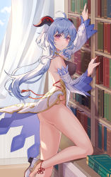 Rule 34 | absurdres, ahoge, arm up, bare legs, bare shoulders, black gloves, blue hair, blush, book, bookshelf, breasts, chinese clothes, closed mouth, covered erect nipples, curtains, detached sleeves, foot out of frame, from side, ganyu (genshin impact), genshin impact, gloves, goat horns, gold trim, hand up, highres, horns, indoors, large breasts, leaning on object, light blue hair, lixiang guo alice, long hair, looking at viewer, no panties, purple eyes, solo, standing, standing on one leg, tassel, thighs, window