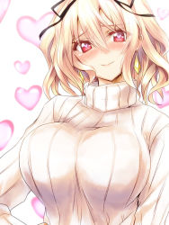 Rule 34 | 1girl, blonde hair, blush, commentary request, earrings, hair between eyes, hair ribbon, heart, heart-shaped pupils, heart background, jewelry, kurokawa (silve), looking at viewer, moltena (sennen sensou aigis), red eyes, ribbed sweater, ribbon, sennen sensou aigis, short hair, smile, solo, sweater, symbol-shaped pupils, turtleneck, upper body, wavy hair, white sweater