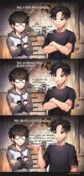 Rule 34 | 2boys, 3koma, artist name, artist self-insert, black eyes, black hair, black shirt, cigarette, comic, commentary, crossed arms, dated, english commentary, english text, father and son, glasses, hand up, highres, hood, hood down, hoodie, indoors, kawacy, long sleeves, male focus, multiple boys, opaque glasses, original, parted bangs, parted lips, pointing, shirt, short sleeves, smoke, smoking, teeth, upper teeth only, v-shaped eyebrows, white hoodie